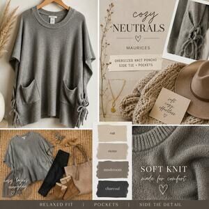 Maurices Gray Oversized Knit Poncho Sweater Side Tie Pockets S/M